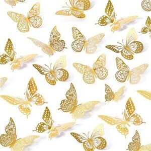 3D Butterfly Wall Decor 48 Pcs 4 Styles 3 Sizes, Gold Party Cake Decorations